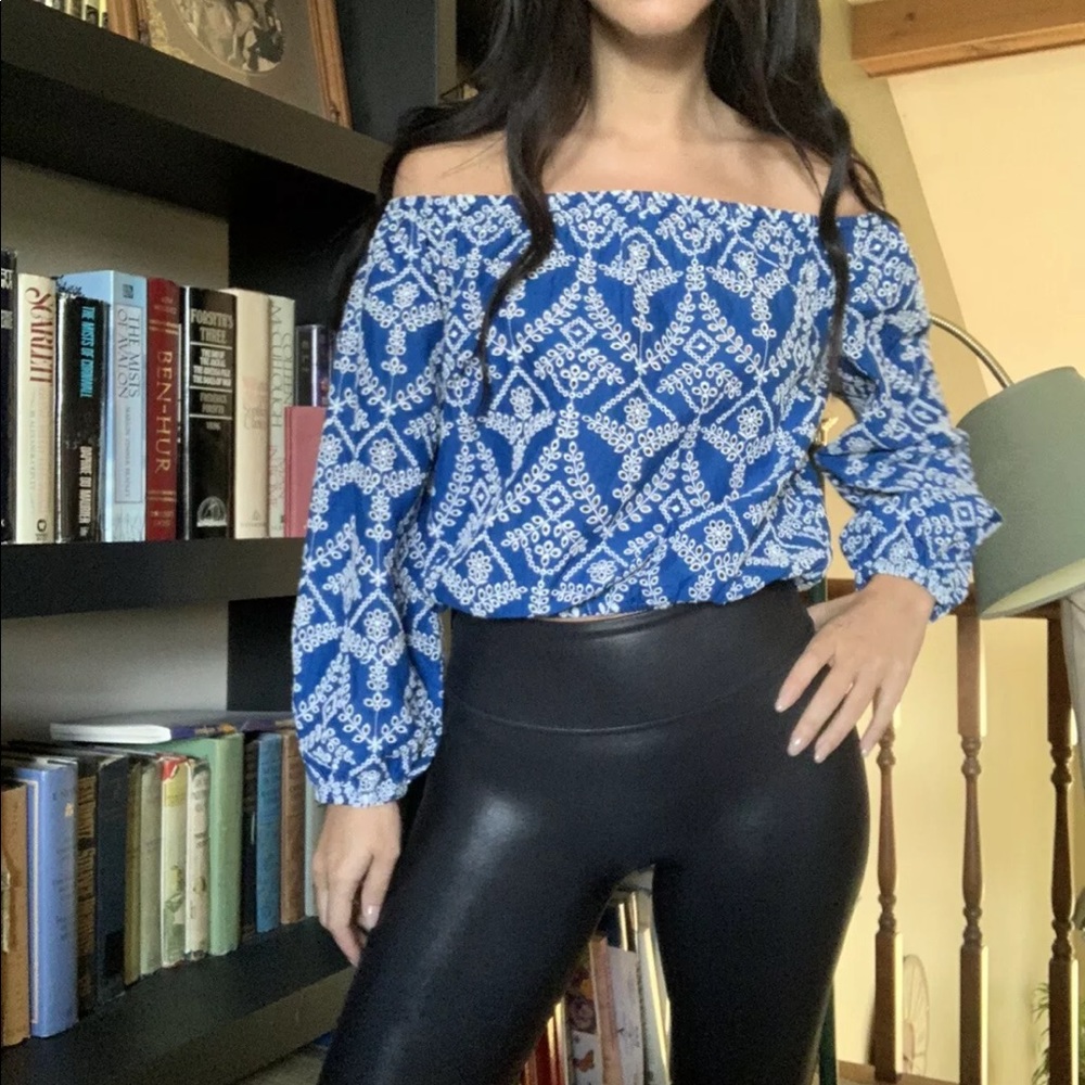 Bright Blue Eyelet Off the Shoulder Bubble Top - Picture 2 of 5